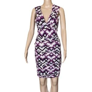Tart purple gray geometric print ruched jersey dress size S
